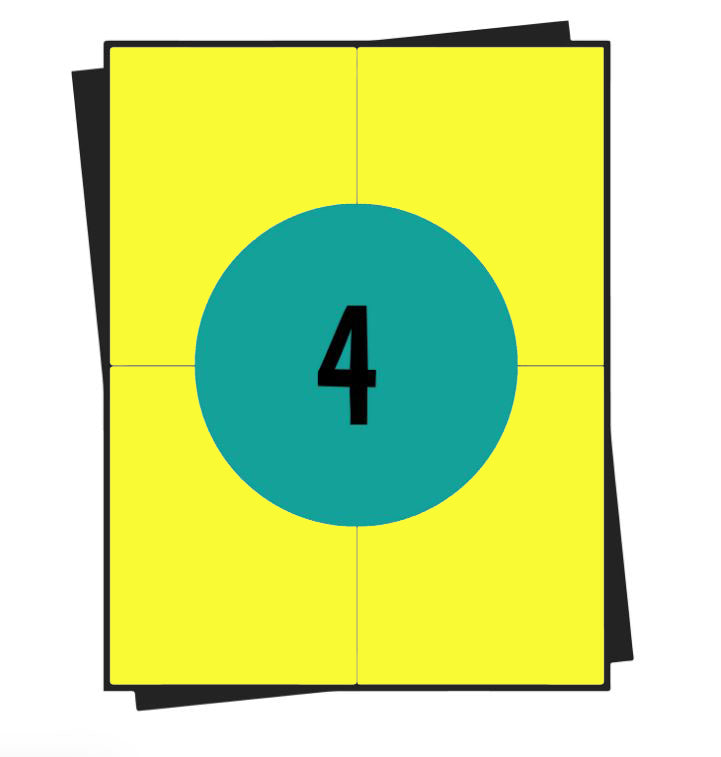 A4 stickervellen geel,  4 per vel, 105 x 148 mm, permanent - 100 vellen